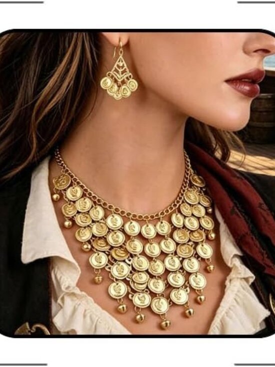 Jewelry - Women Adjustable Bohemia Gold Coin Tassel Choker Necklace Earrings